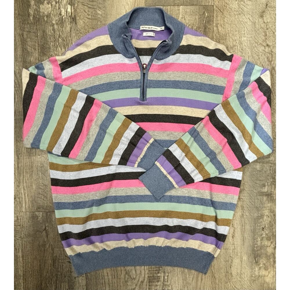 Peter Millar Striped Quarter Zip Long Sleeve Merino Wool Blend Sweater Mens XL